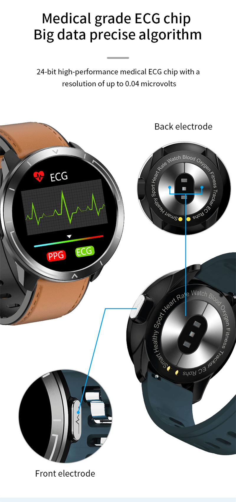 Smart Watch PPG+ECG Fitness Activity Tracker With ECG blood pressure Touch Screen